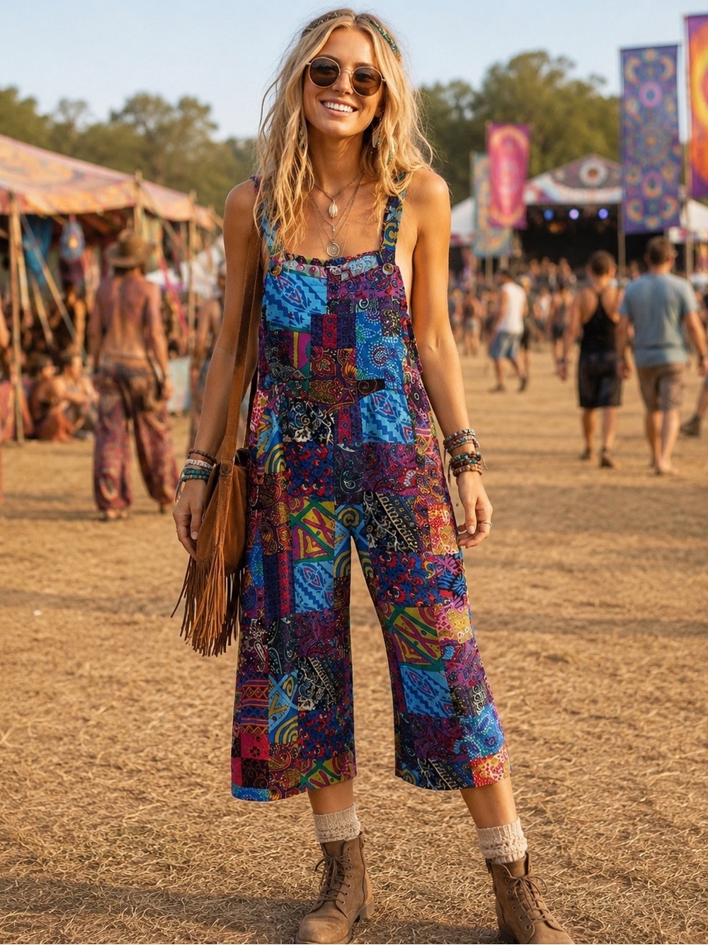 Boho Jumpsuit Colorful Romper Wide Legs Cotton Blend Festival Hippie Medium - Picture 1 of 7